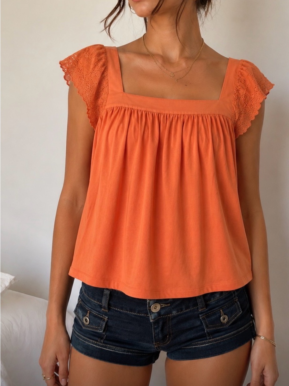ChicMe Orange Square-Neck Lace Sleeve Top